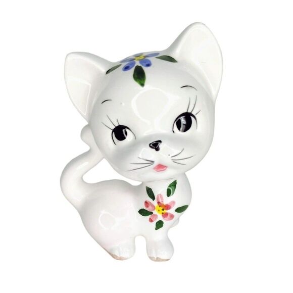 Vintage 40s Japanese Ceramic Kitsch Kawaii Big Eye Kitty Cat Animal Figurines - Picture 8 of 12